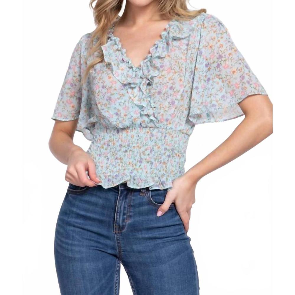 NEW ACTIVE BASIC flutter sleeve v-neck with ruffle smocked waist chiffon top in